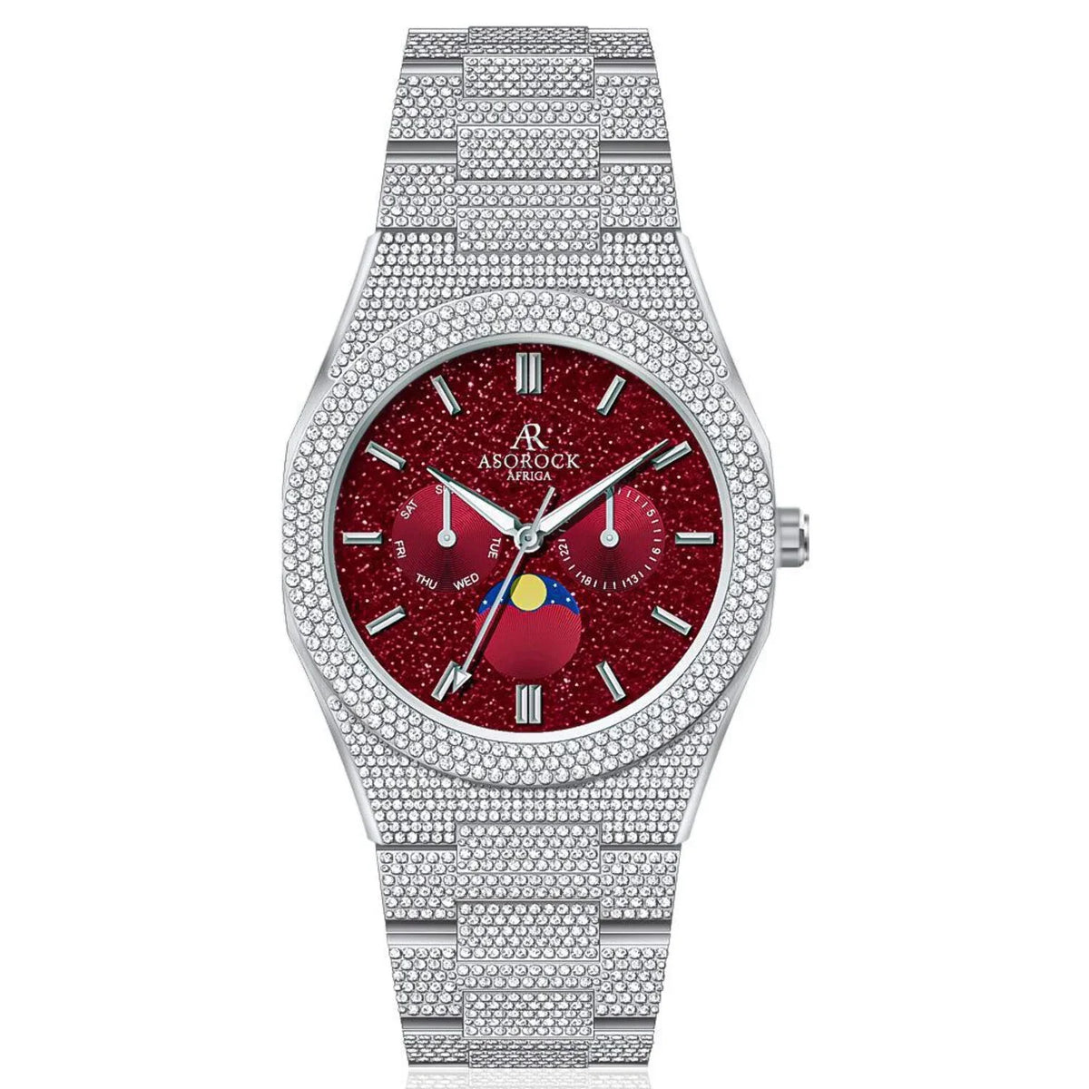 Asorock Watches | Yellow Gold/Red | Iced transporter - Small diamond bezel - Fully iced strap | 44mm CZ diamond watch