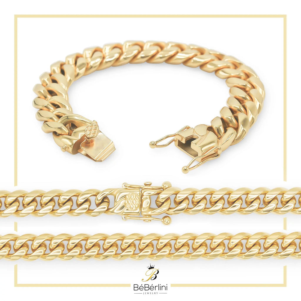 BEBERLINI Cuban Link Bracelet 14K Gold Plated Curb Chain 9" Stainless Steel Fashion Jewelry for Adult Men 16 mm