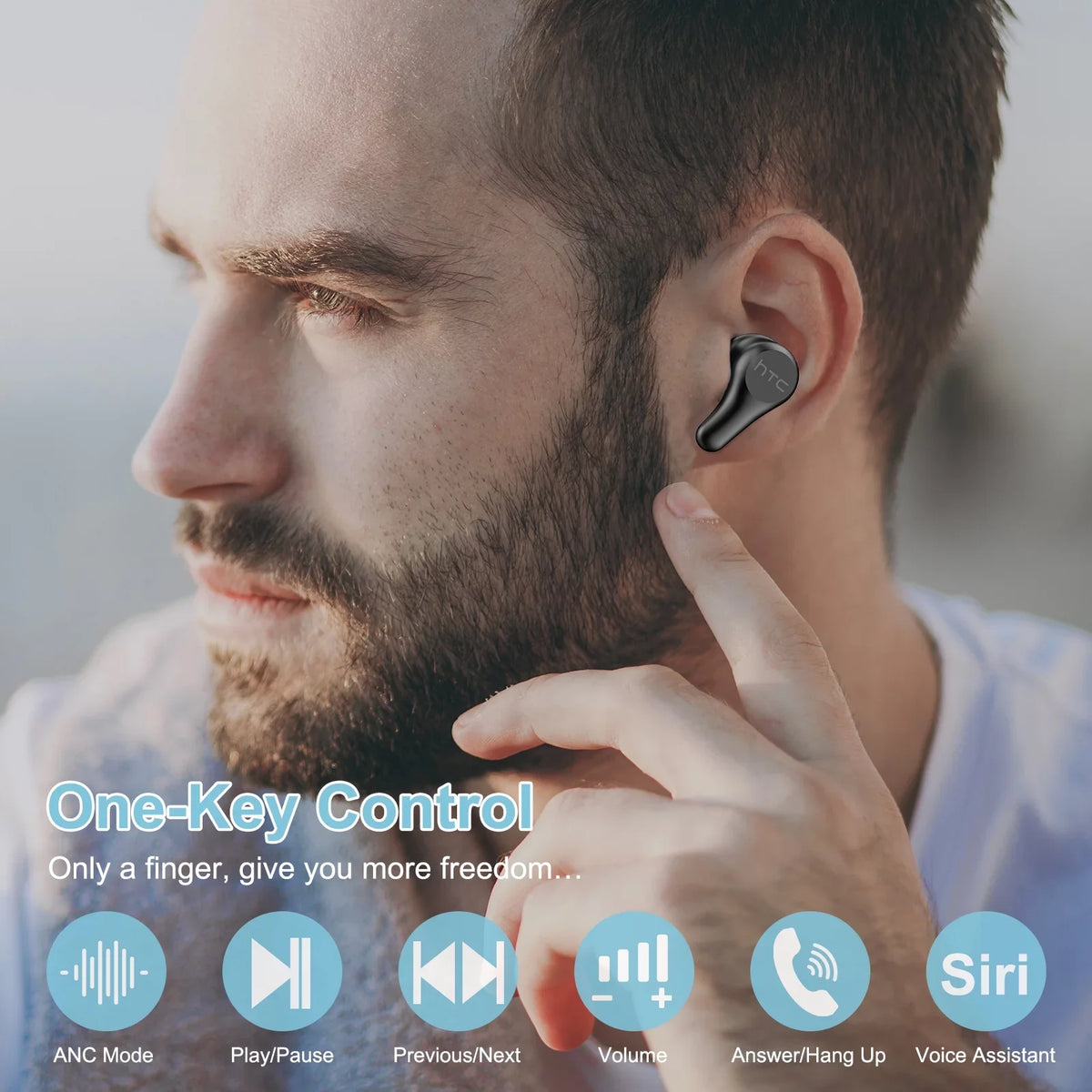 HTC True Wireless Earbuds Plus - Active Noise Cancellation IPX5 Water Durable Bluetooth 5.0 Headphones with ENC, 24-Hour Playtime, Stereo in-Ear Touch Control Wireless Earphones