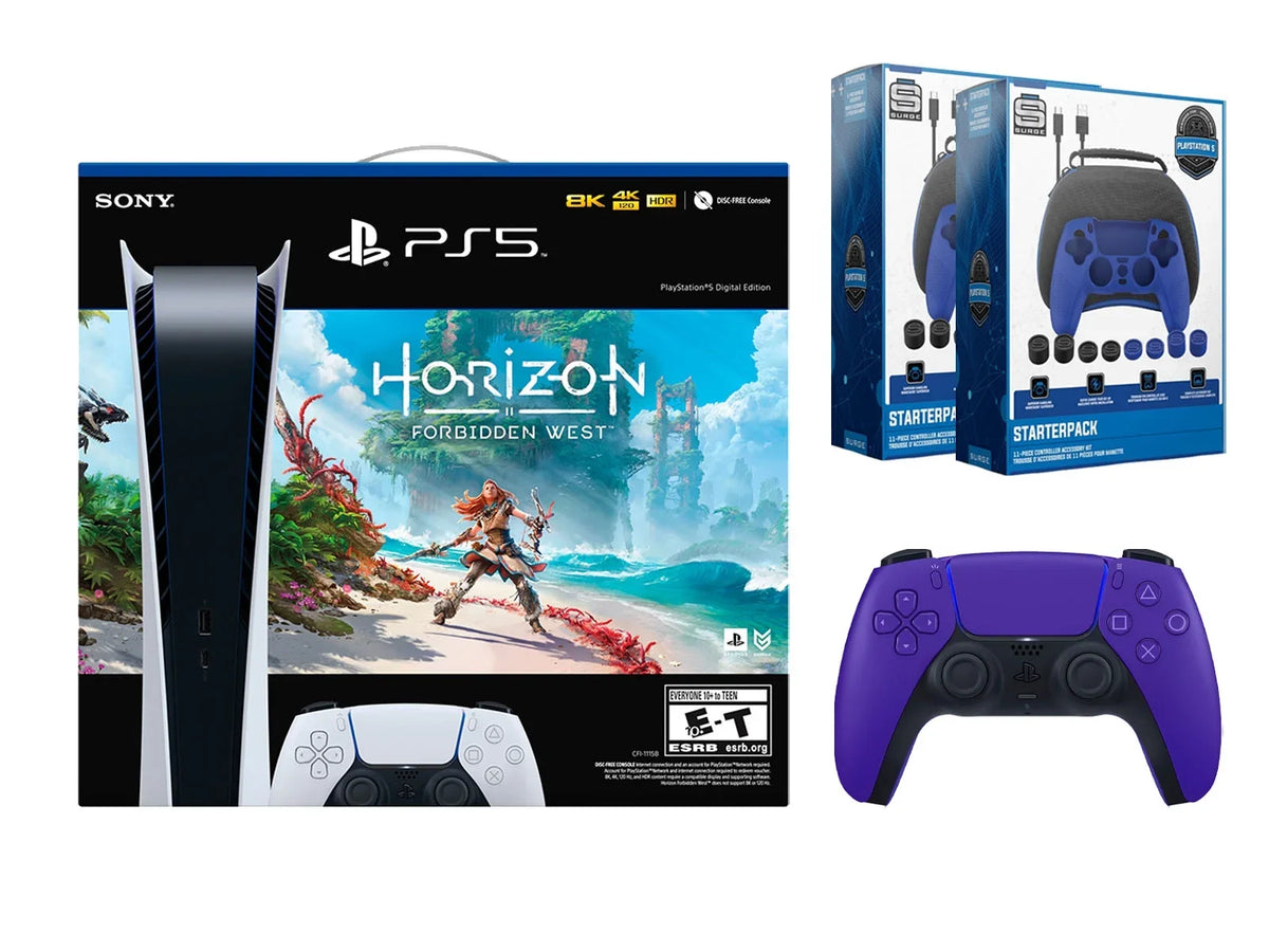 Sony Playstation 5 Digital Horizon Forbidden West Bundle with Extra Purple Controller with 2 Pack Surge Pro Gamer Starter Pack Accessory Kit