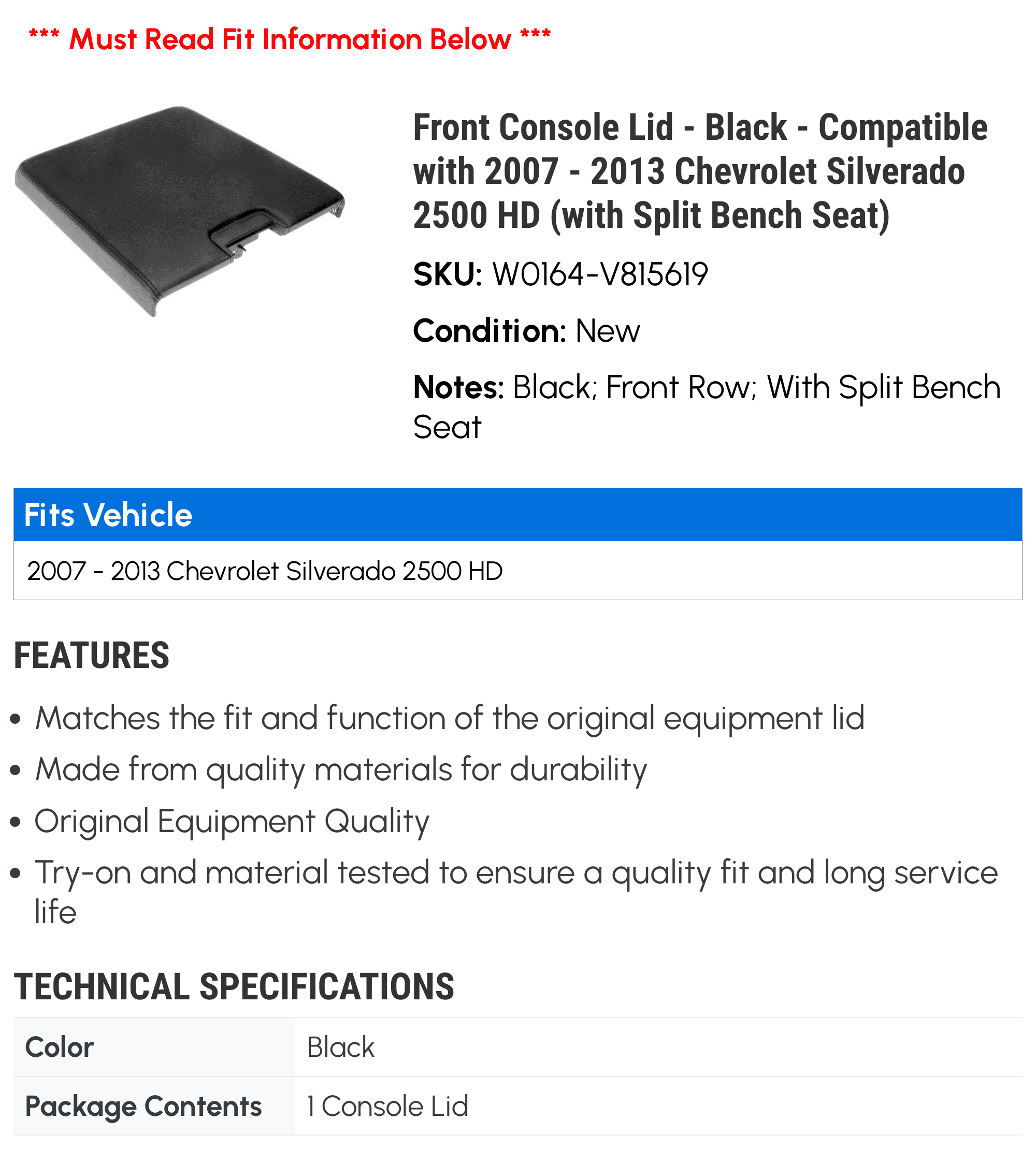 Front Console Lid - Black - Fitting with 2007 - 2013 Chevy Silverado 2500 HD (with Split Bench Seat) 2008 2009 2010 2011 2012