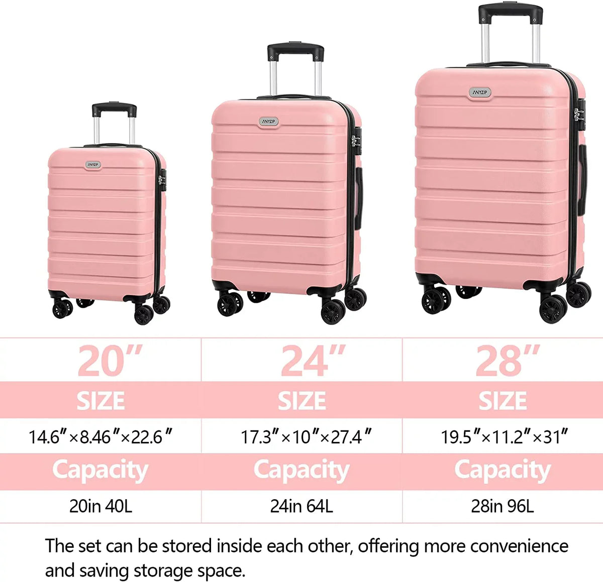 Luggage Sets 3 Piece AnyZip PC ABS Hardside Lightweight Suitcase with 4 Universal Wheels TSA Lock Carry On 20 24 28 Inch Black