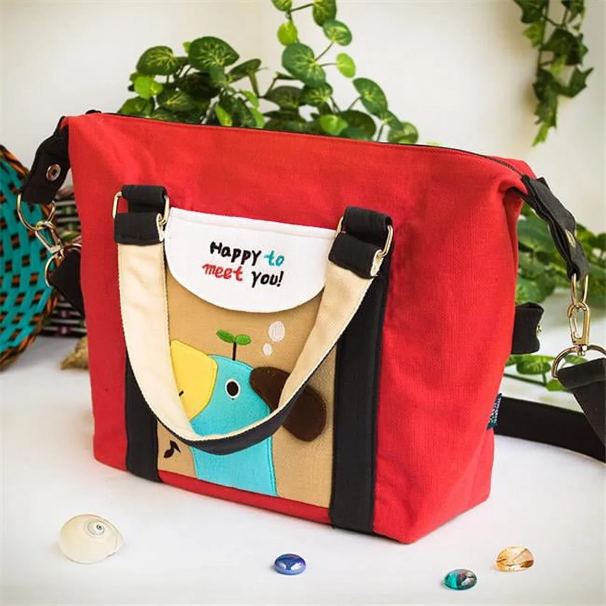 BE-23-RED 9.6 x 9.3 x 4.1 in. Blue Puppy - Red Embroidered Applique Duffle Tote Bag Shoulder Bag & Travel Bag