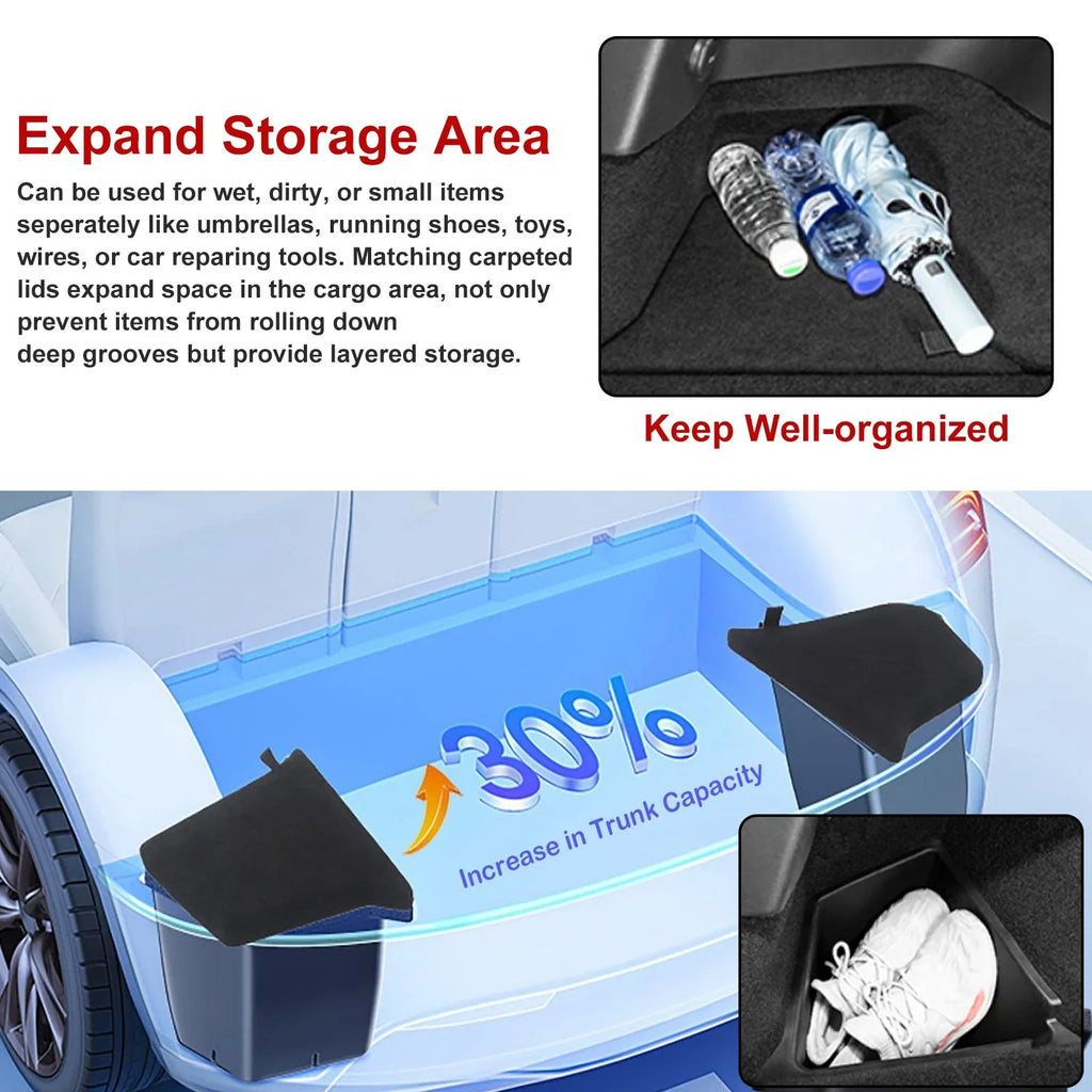Xotic Tech Black Rear Trunk Side Storage Grocery Box w/Lid Reinforced Handle Partition Board Wrap Organizer Packet Holder Bin Suitable with Tesla Model Y 5 Seater 2022-up