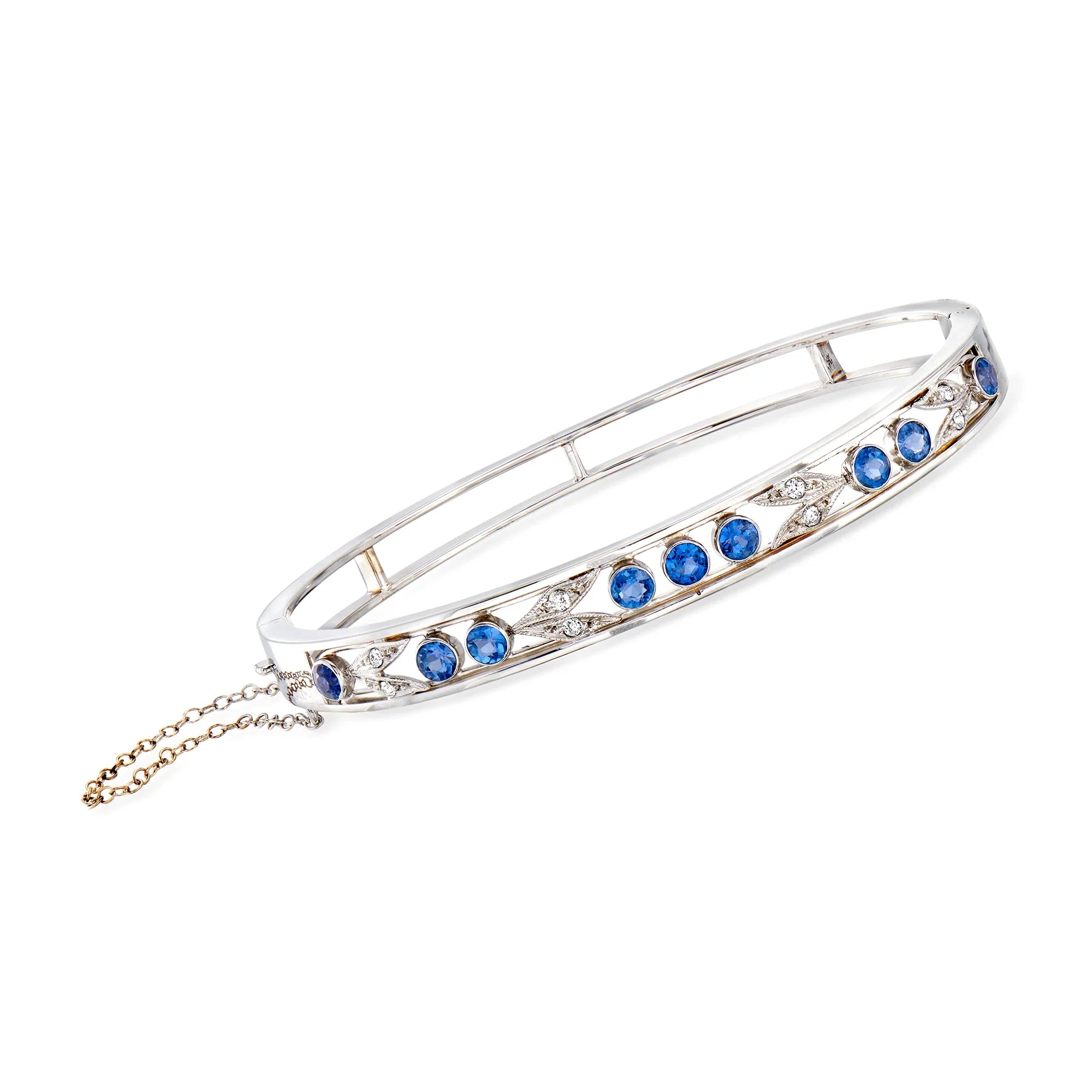 Ross-Simons C. 1940 Vintage 1.80 ct. t.w. Sapphire and .20 ct. t.w. Diamond Bangle Bracelet in 14kt White Gold, Women's, Adult, Pre-Owned