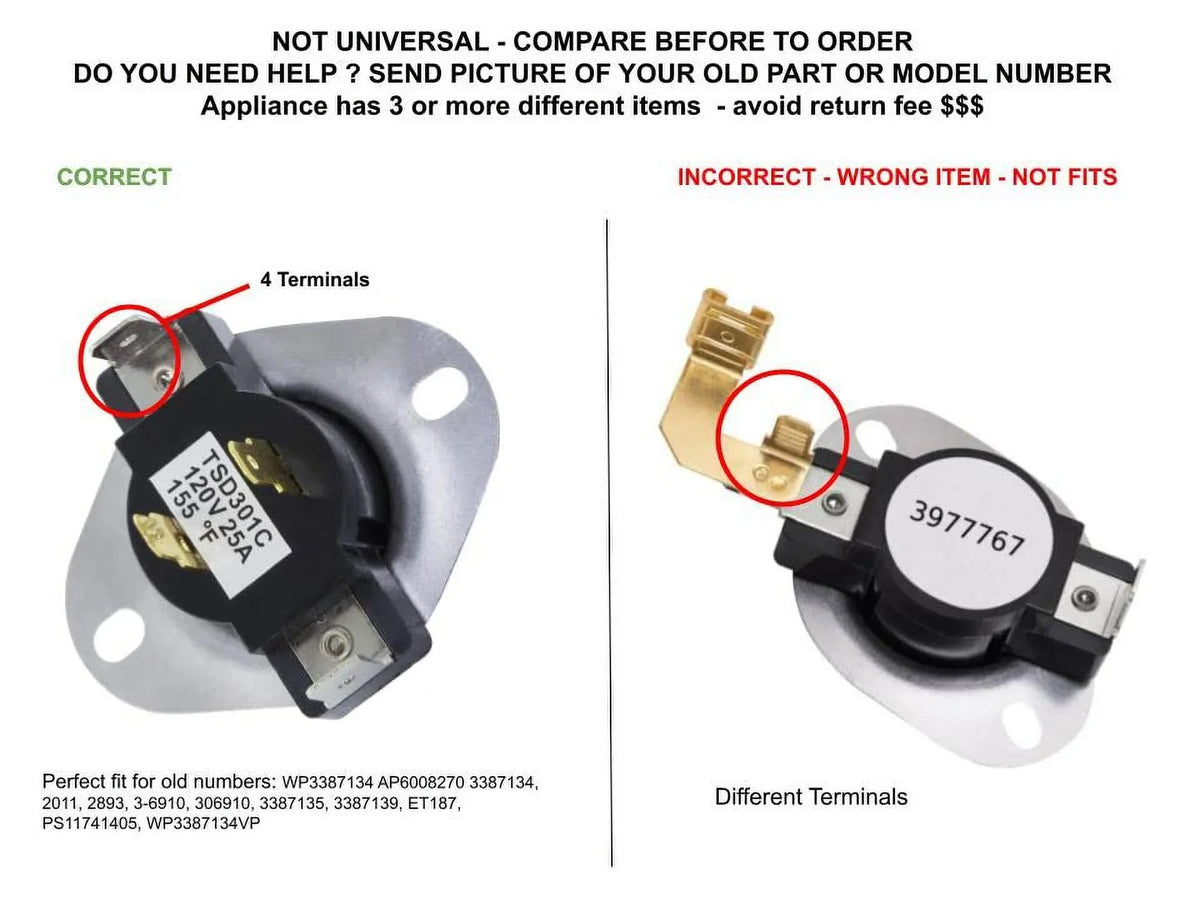 GLOB PRO SOLUTIONS AP6008270 PS11741405 EAP11741405 PD00002313 CKD2502 Dryer Cycling Thermostat 2" Length Approx. Replacement for and Matching with Whirlpool Maytag Kenmore Heavy DUTY