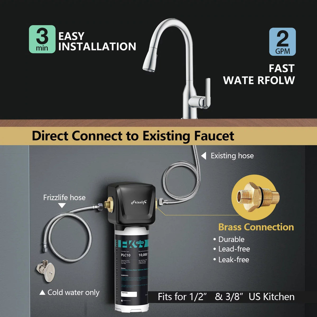 Frizzlife FK99 Under Sink Water Filter System, 0.5 Micron, Remove 99.99% Lead, Chlorine, Bad Taste&Odor,High Capacity