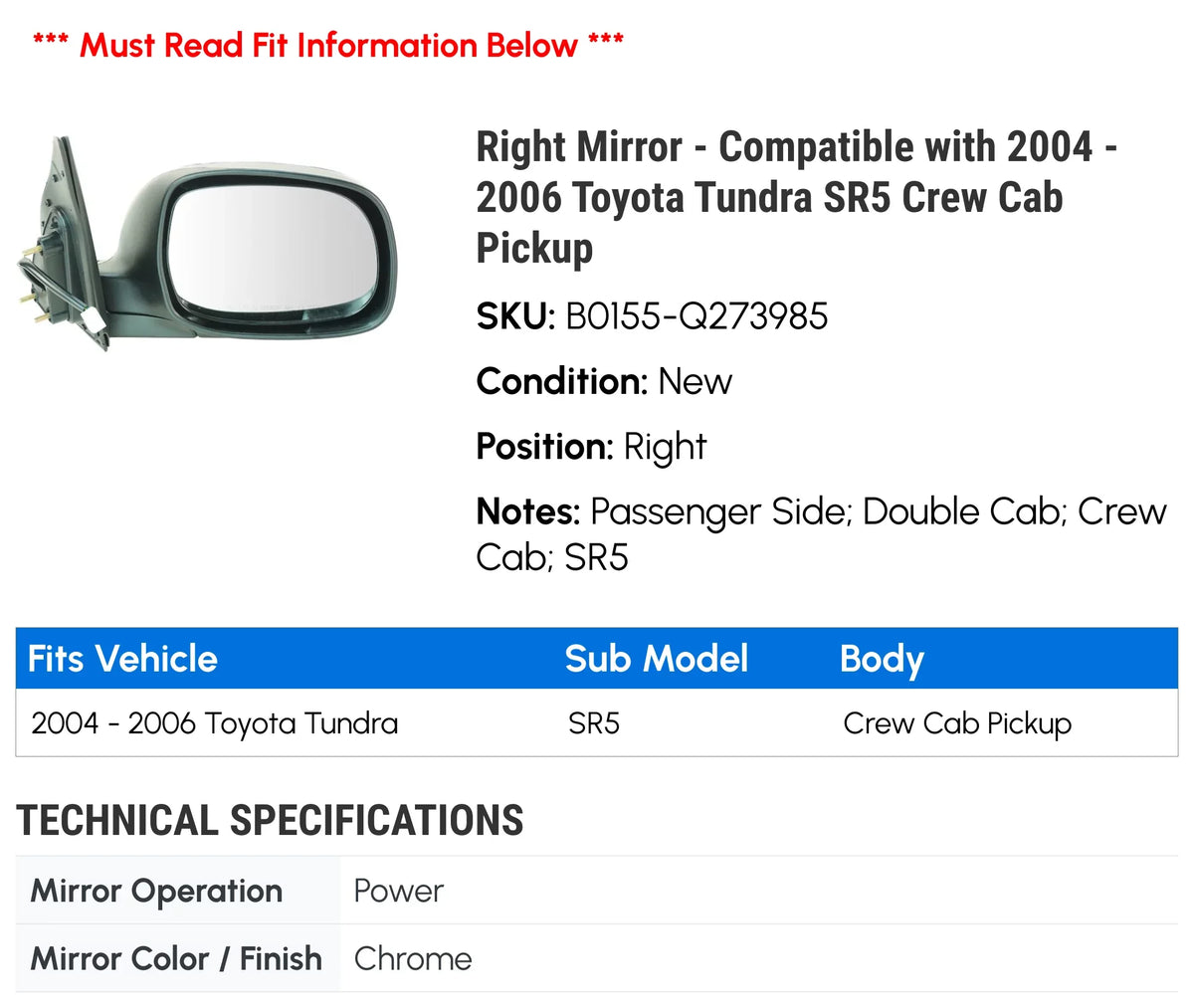 Right Mirror - Fitting with 2004 - 2006 Toyota Tundra SR5 Crew Cab Pickup 2005