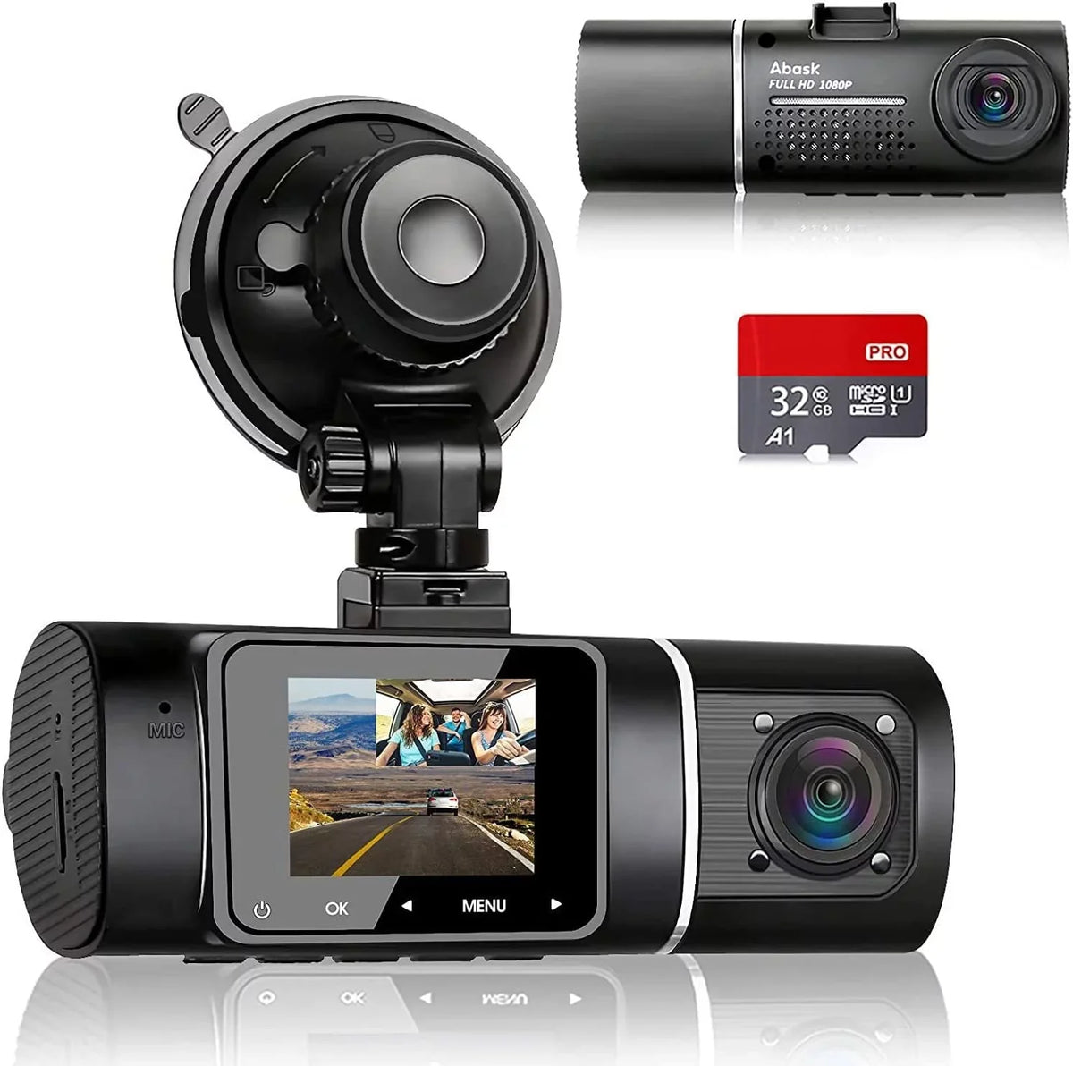 Abask J05 Dashcam Front and Inside Dual 1080P FHD - Angle 170°/140° With Night Vision,Parking Mode,G-Sensor,Loop Recording,WDR - With 32GB Card