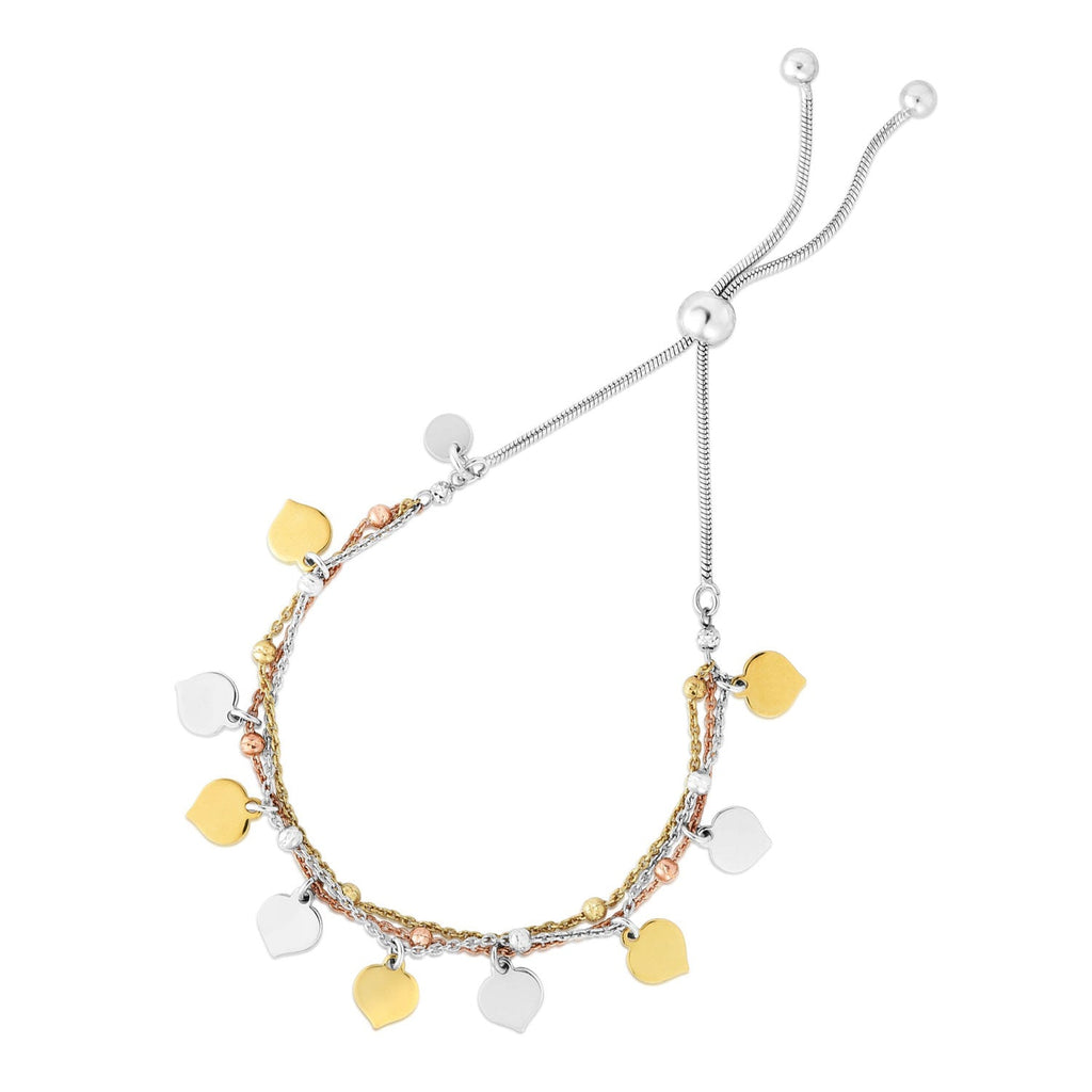 Jewelstop Sterling Silver Polished Finish Tri-Color Charm Dangle Friendship Bracelet with Draw String - 9.25"