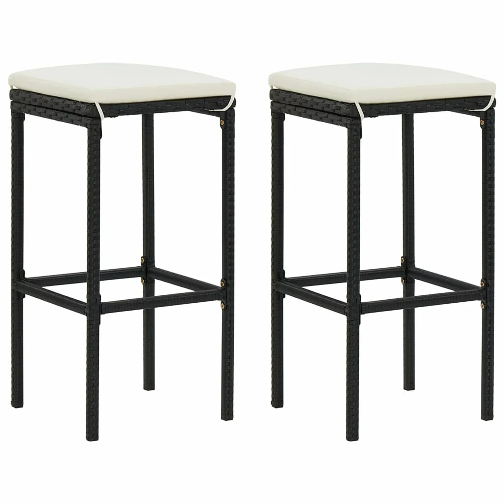 Dcenta 3 Piece Garden Bar Set Table with Storage Shelf and 2 Cushioned Stool Chairs Dining Set Black Poly Rattan for Bistro, Pub, Backyard, Terrace, Patio