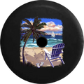 2018 2019 Wrangler JL Backup Camera Blue Chair at the Beach Palm Trees Ocean Sand & Waves Spare Tire Wrap for Jeep RV 32 Inch