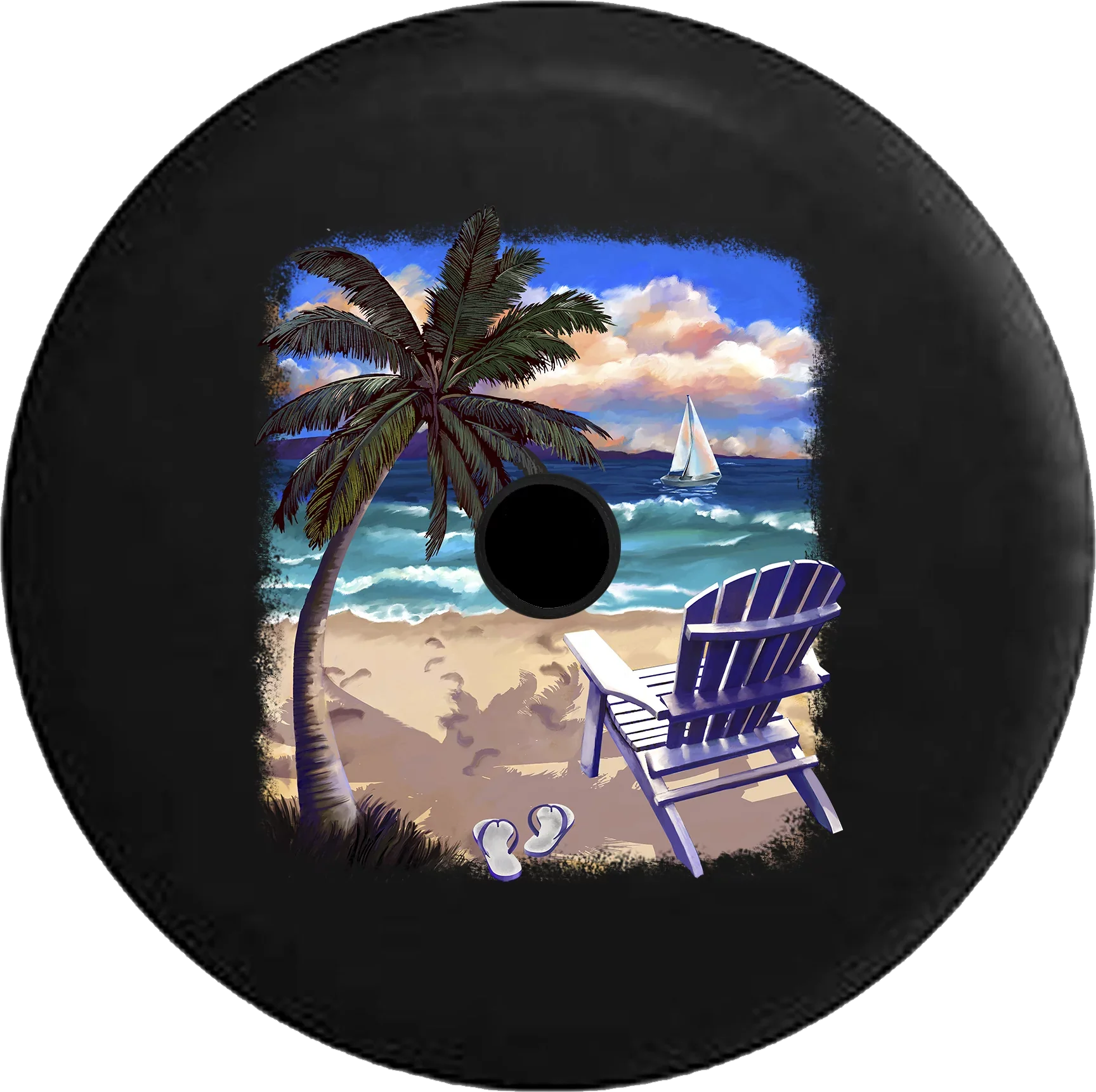 2018 2019 Wrangler JL Backup Camera Blue Chair at the Beach Palm Trees Ocean Sand & Waves Spare Tire Wrap for Jeep RV 32 Inch