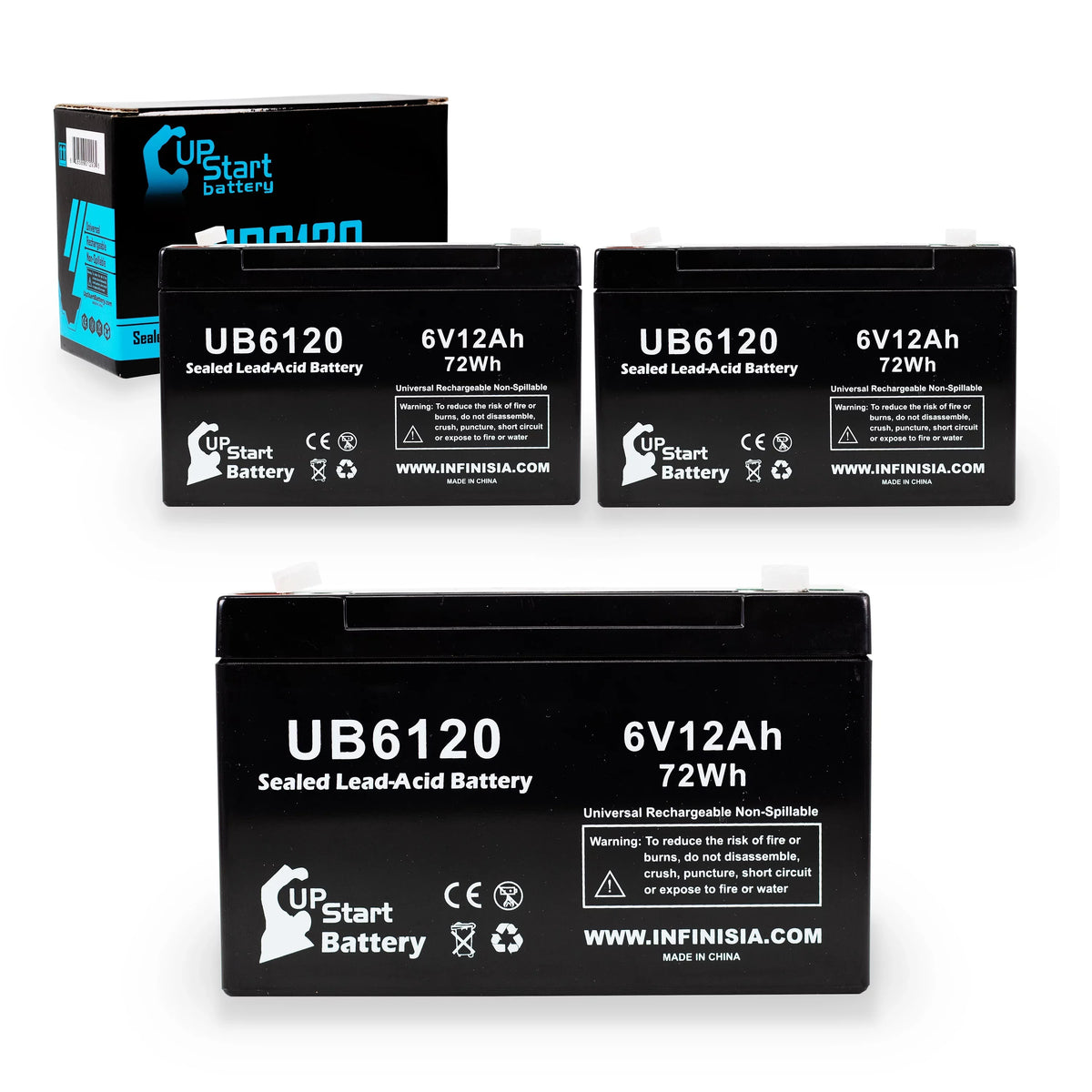 3x Pack - Suitable Tripp-Lite 850 Battery - Replacement UB6120 Universal Sealed Lead Acid Battery (6V, 12Ah, 12000mAh, F1 Terminal, AGM, SLA) - Includes 6 F1 to F2 Terminal Adapters
