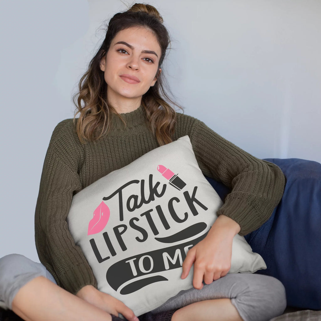 Talk Lipstick to Me w/ Pink Lips Design - Beauty Themed Merch for Makeup Artist or Cosmetologist, Gift for Makeup Lovers, Pillow Coating White 18X18 IN