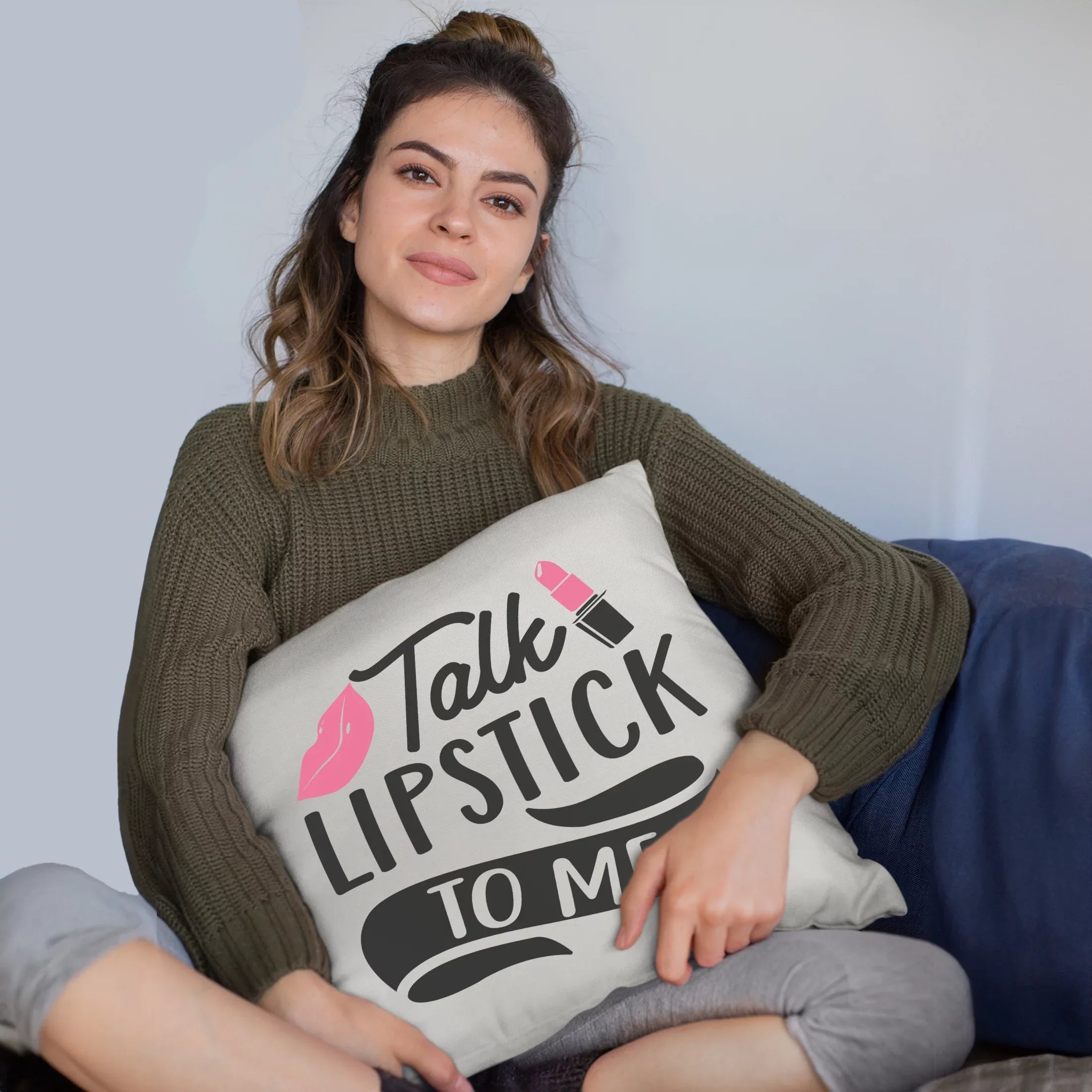 Talk Lipstick to Me w/ Pink Lips Design - Beauty Themed Merch for Makeup Artist or Cosmetologist, Gift for Makeup Lovers, Pillow Coating White 18X18 IN