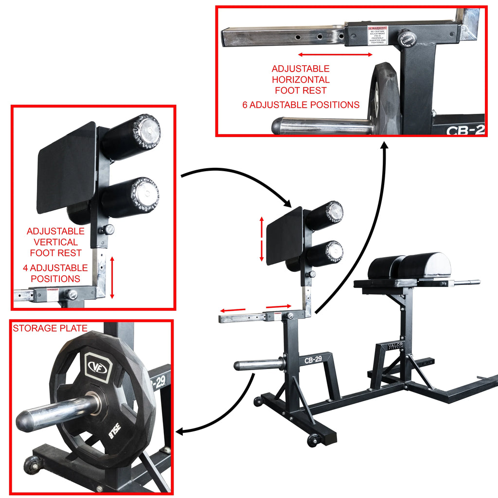 Valor Fitness Glute Ham Developer Machine - Adjustable GHD Equipment- Max Weight 400 lbs - Ab Hip Back Workout - Hyperextensions Sit Ups – Includes Band Pegs - Olympic Plate Storage - Home Gym -