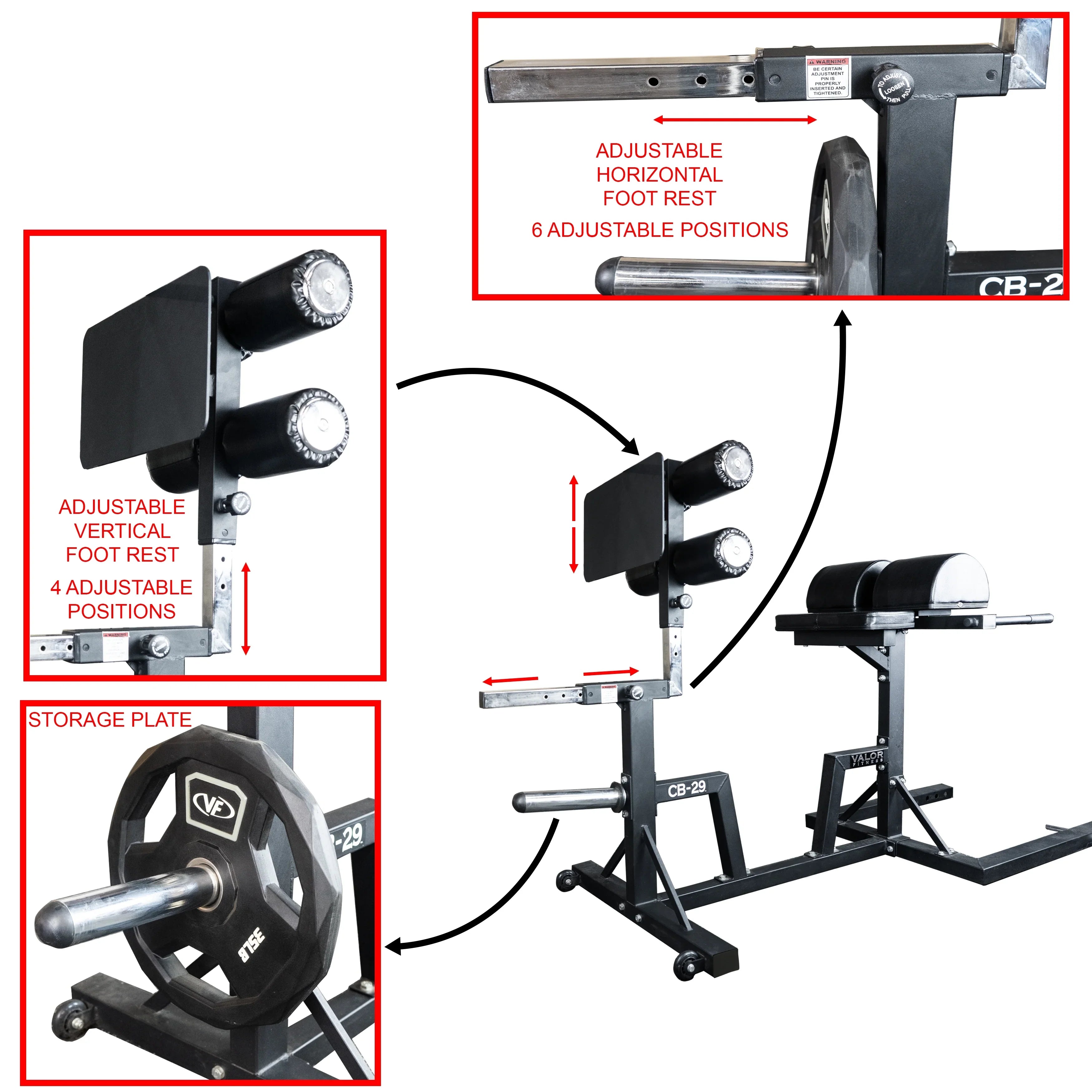 Valor Fitness Glute Ham Developer Machine - Adjustable GHD Equipment- Max Weight 400 lbs - Ab Hip Back Workout - Hyperextensions Sit Ups – Includes Band Pegs - Olympic Plate Storage - Home Gym -