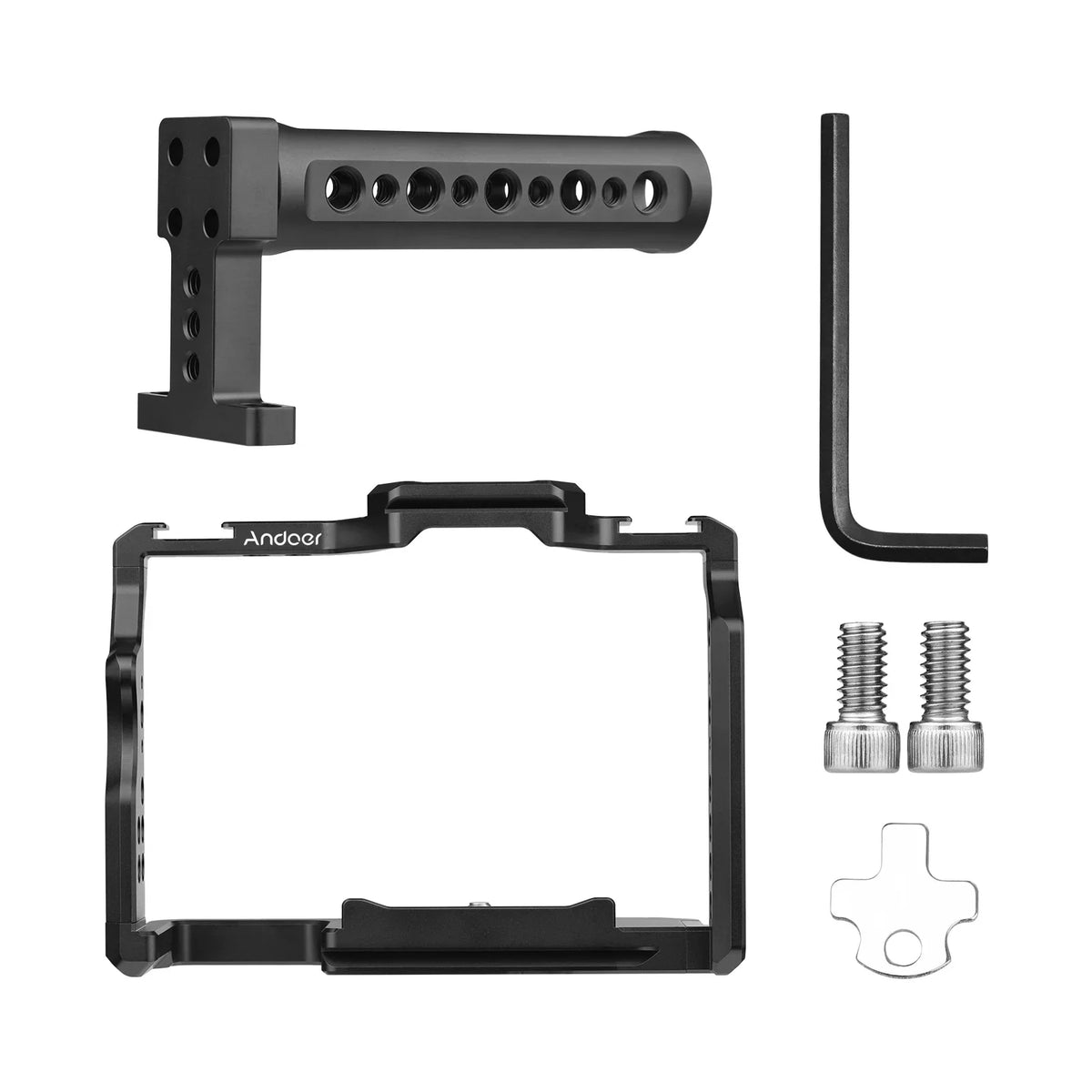 Andoer Camera Video Cage + Handle Kit Aluminum Alloy with Dual Cold Shoe Mounts Numerous 1/4 Inch Threads Replacement for Sony A7IV/ A7III/ A7II/ A7R III/ A7R II/ A7S II