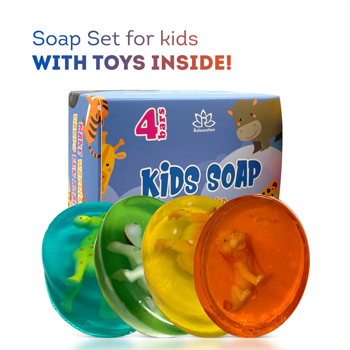Kids Soap with Toys Inside Funny Animals Surprise Glycerin Soap Bar Collect All 12 Wild Animals Toys Moisturizing Handmade in USA Natural and Safe by Relaxcation 4 Set