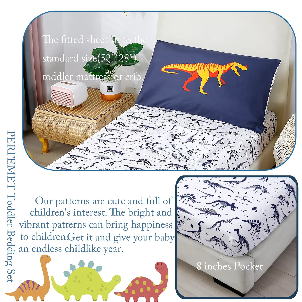 PERFEMET 4-Piece Toddler Bedding Set - Ultra Soft Cartoon Jurassic Dinosaur Print Boys Toddler Comforter Set - Include Comforter, Flat Sheet, Fitted Sheet and Reversible Pillowcase, Blue Dinosaur