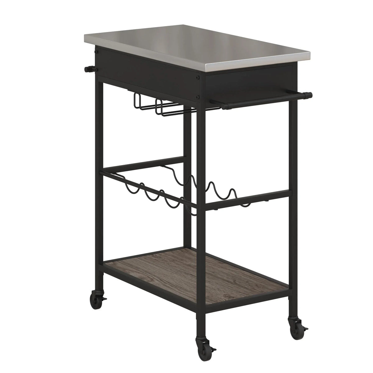 Novogratz Nora Multifunctional Kitchen Cart, Wine Rack and Pantry Storage, Stainless Steel and Black Metal, Brown