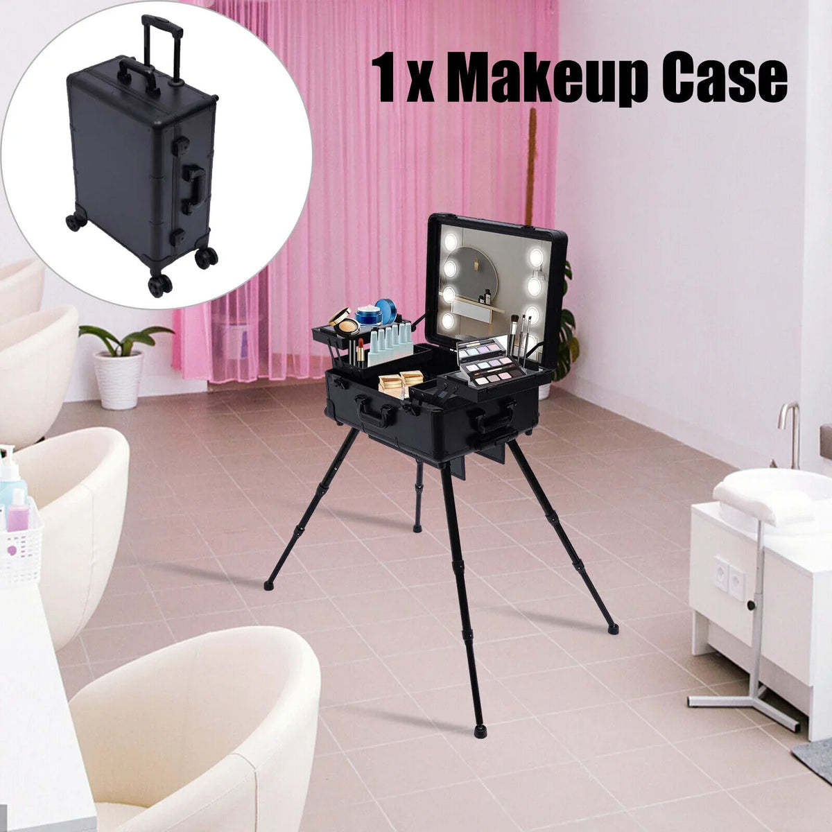 DENEST Rolling Makeup Case Trolley Train Box Organizer with Key Travel Cosmetic Luggage