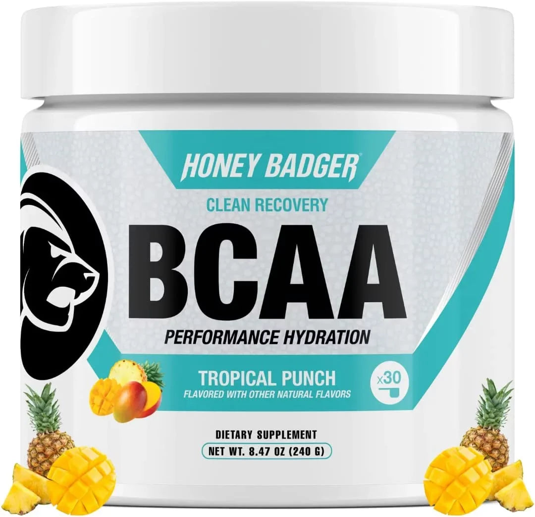 Honey Badger BCAA Amino Acids Electrolytes Powder, Keto, Vegan, Sugar Free BCAAs + EAA with L-Glutamine For Men & Women, Hydration & Post Workout Muscle Protection Drink Mix, Tropical Punch, 30 Servings