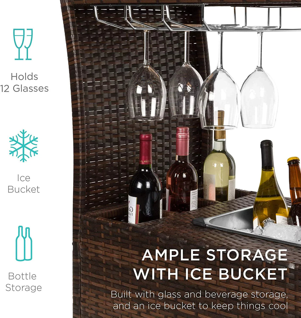 Outdoor Rolling Wicker Bar Cart w/Removable Ice Bucket, Glass Countertop, Wine Glass Holders, Storage Compartments - Brown