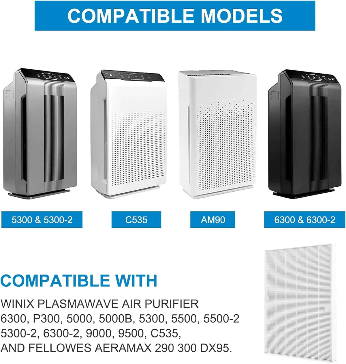 115115 Replacement Filters A for Winix PlasmaWave Air Purifier C535, 5300-2, 6300-2, 5300, 6300, P300, AM90, 9000, 5000, 5000B, C909, 9800, 1 True HEPA Size 21 Filter + 4 Activated Carbon Pre-Filters