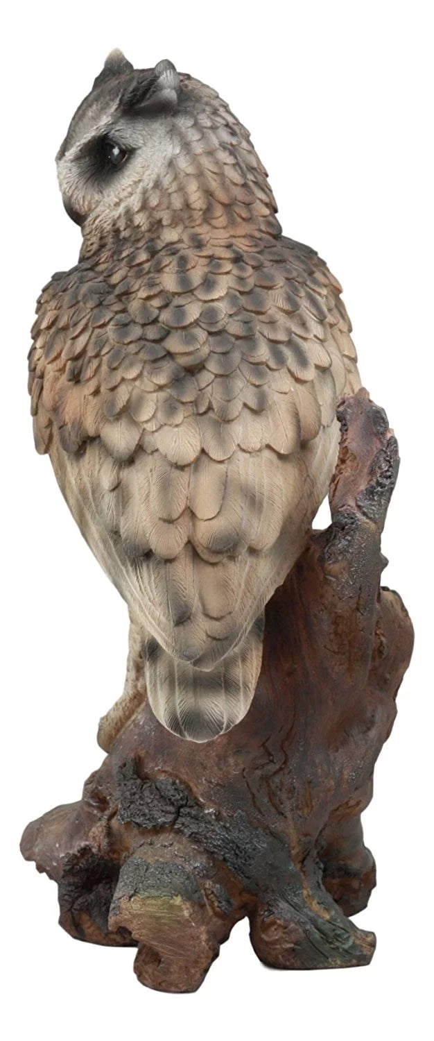 Ebros Realistic Nature Wildlife Eurasian Eagle Owl Perching On Tree Statue 14.25"Tall Lifelike Nocturnal Owl Taxidermy With Glass Eyes Figurine