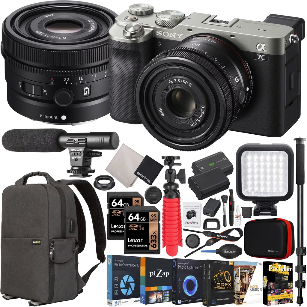 Sony a7C Mirrorless Full Frame Camera Body with Sony FE 50mm F2.5 G Compact Lens SEL50F25G Silver ILCE7C/S Bundle with Deco Gear Photography Backpack Case + Microphone + LED + Monopod and Accessories
