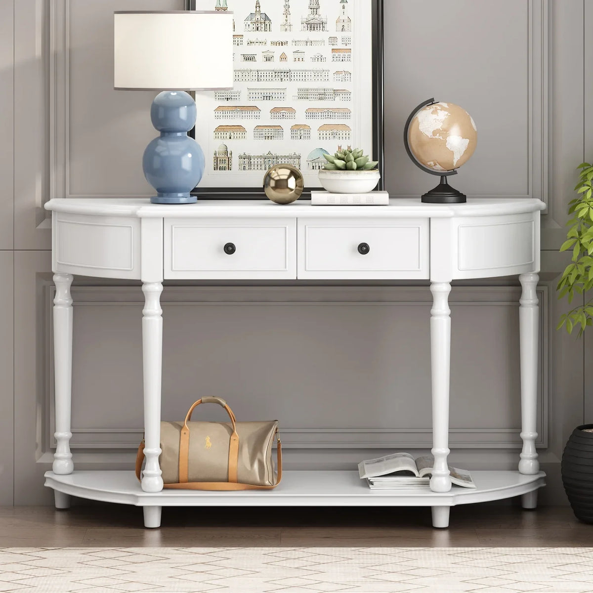 TREXM Retro Circular Curved Design Console Table with Open Style Shelf Solid Wooden Frame and Legs Two Top Drawers (White OLD SKU WF298768AAK)