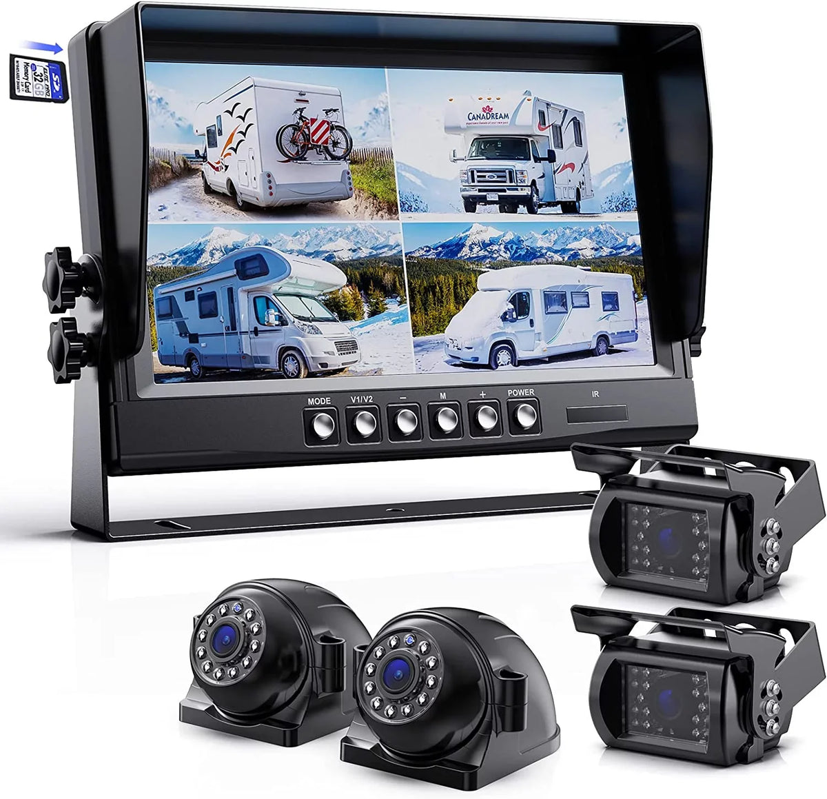 eRapta Backup Camera 9 inch for RV Semi Box Truck Trailer Rear and Side View Quad 1080P HD Camera 4 Split Screens Record Function IP69 Waterproof Night Vision