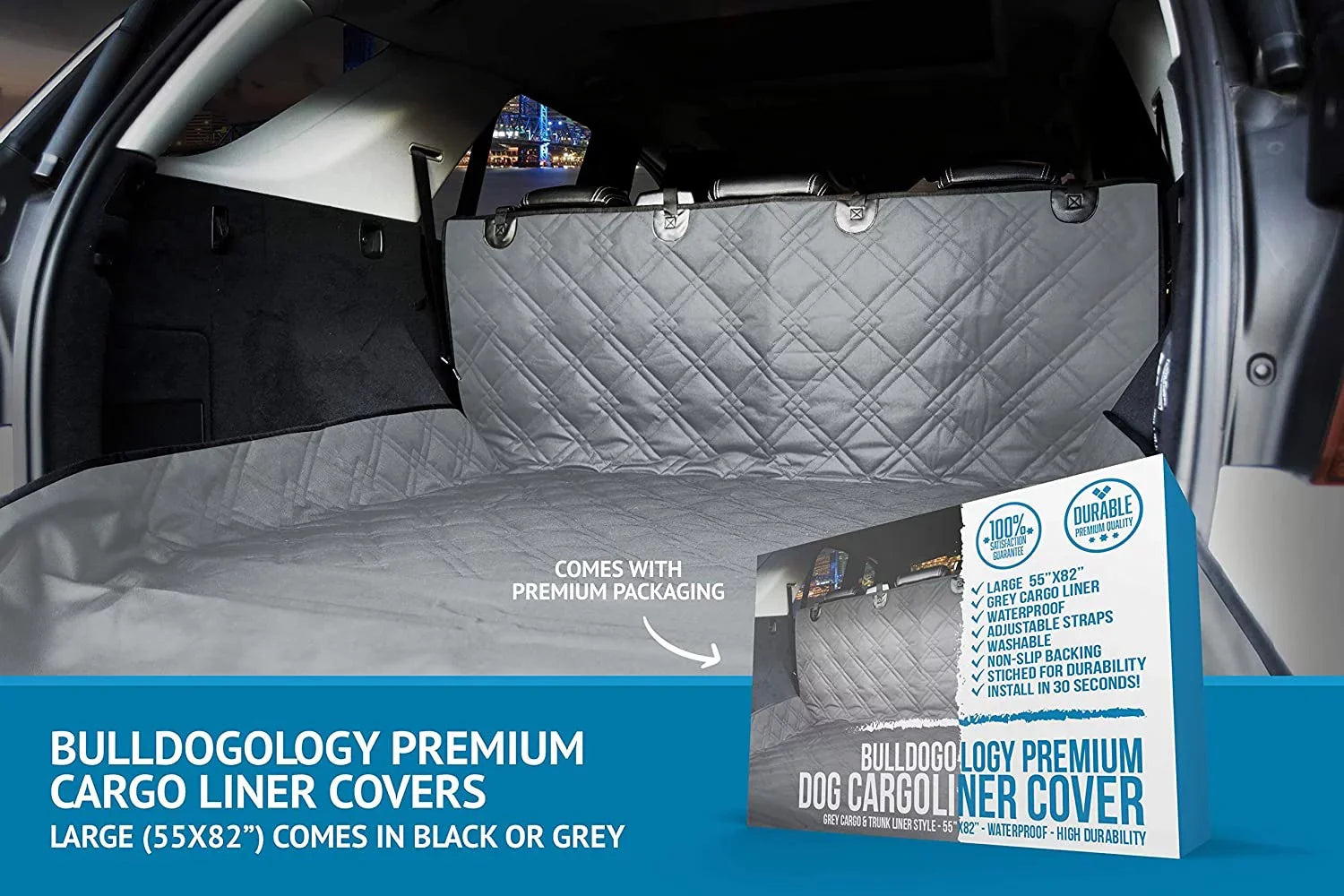 Bulldogology SUV Cargo Liner for Dogs - Heavy Duty Pet Trunk Cargo Protection - Dog Car Seat Protection Waterproof Nonslip - Dog Hair, Muddy Paws, Scratches Shield Protector for Cars Vans SUVs (X-Large, Grey)