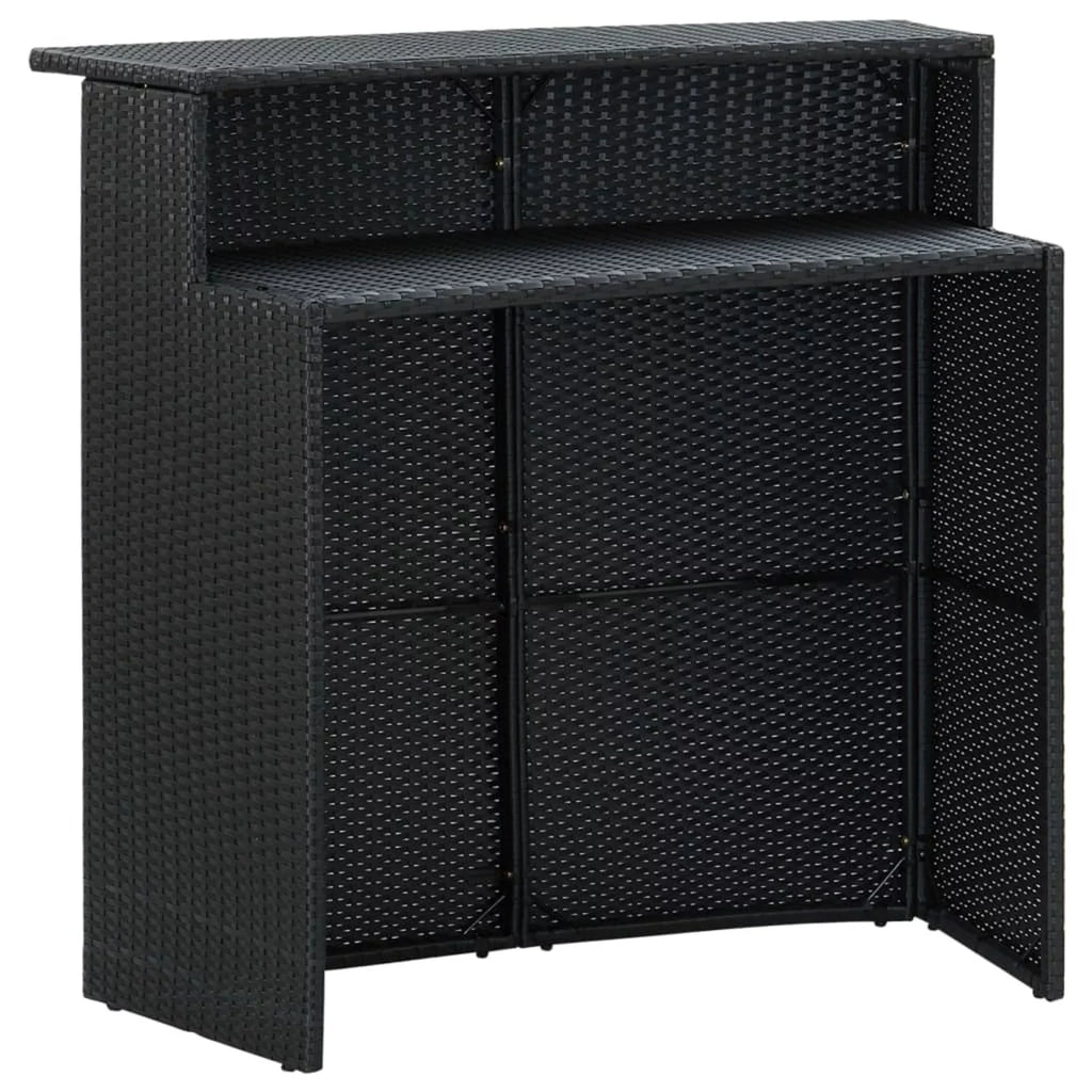 Dcenta 3 Piece Garden Bar Set Table with Storage Shelf and 2 Cushioned Stool Chairs Dining Set Black Poly Rattan for Bistro, Pub, Backyard, Terrace, Patio