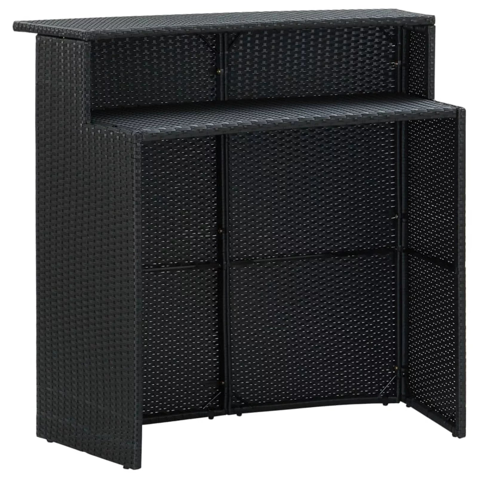 Dcenta 3 Piece Garden Bar Set Table with Storage Shelf and 2 Cushioned Stool Chairs Dining Set Black Poly Rattan for Bistro, Pub, Backyard, Terrace, Patio