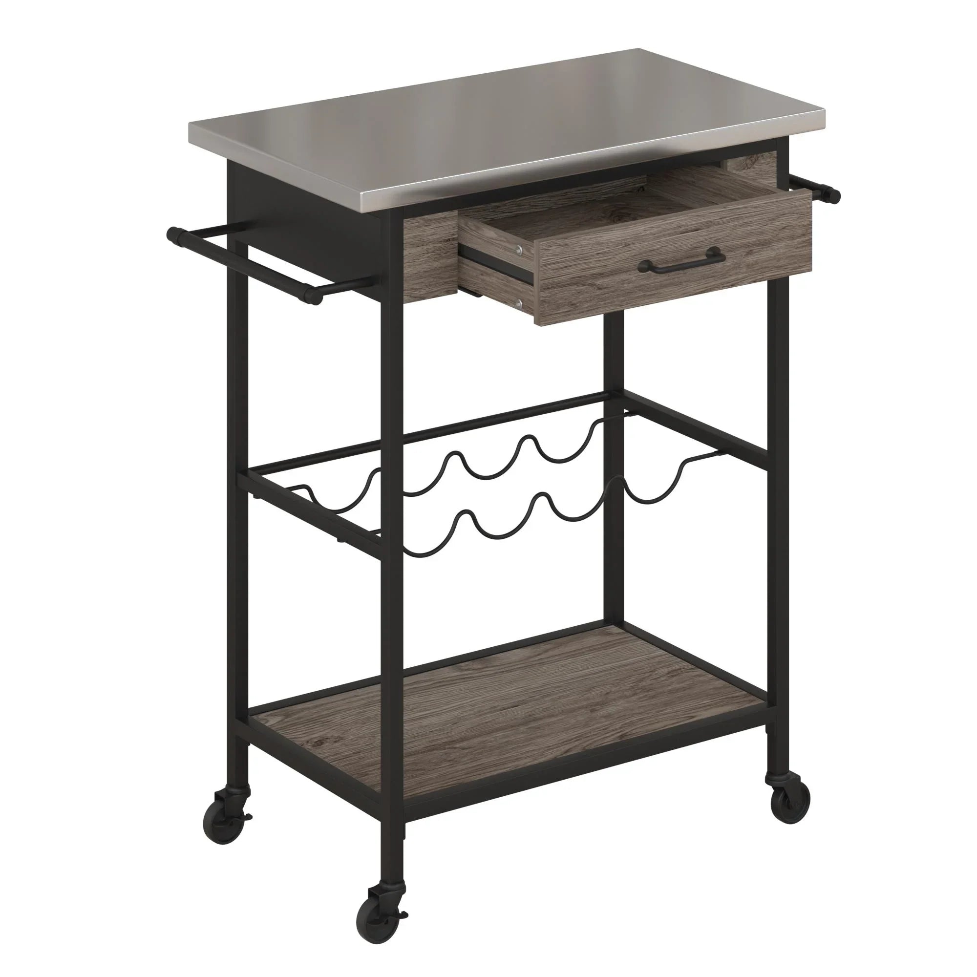 Novogratz Nora Multifunctional Kitchen Cart, Wine Rack and Pantry Storage, Stainless Steel and Black Metal, Brown