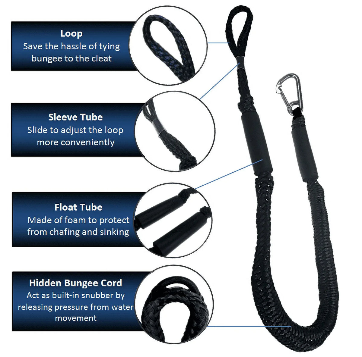 Pactrade Marine Vessel Pontoon Kayak PWC Jet Ski Tie-down Dock Line Mooring Rope 4'-5.5' with SS316 Snap Hook Salt and Fresh Water Use 2 Pack (Black & White)