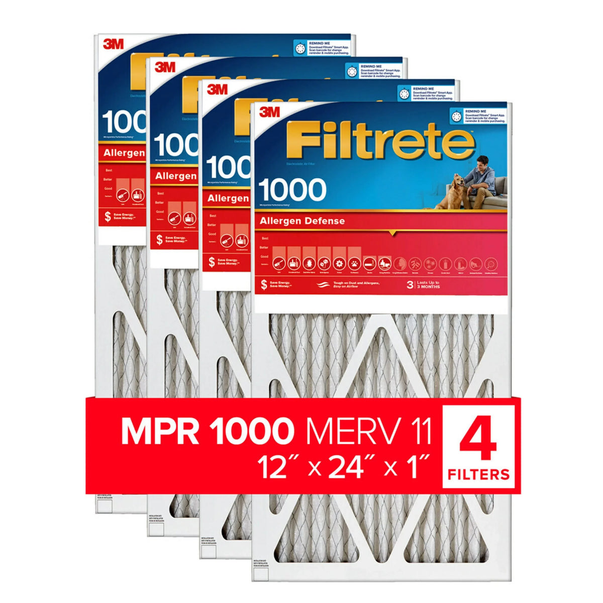 Filtrete 12x24x1 Air Filter, MPR 1000 MERV 11, Allergen Defense, 4 Filters