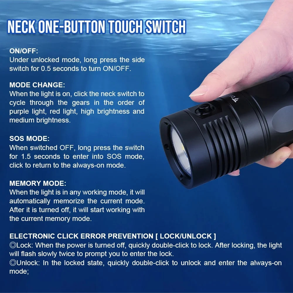 TrustFire DF90 Scuba Diving Light, 15000 Lumens Video Camera Photography Dive LED Flashlight, 70M Underwater Scuba Diving Flashlight, Super Bright, with Violet Red White Lights
