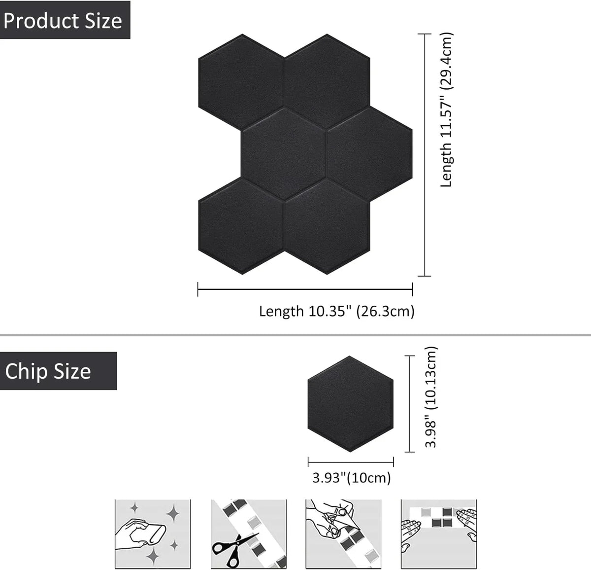 Real 3D Matte Black Self Adhesive PET Tiles Big Hexagon Peel and Stick Backsplash for Kitchen Bathroom(11.57''x10.35'',10-Sheet)
