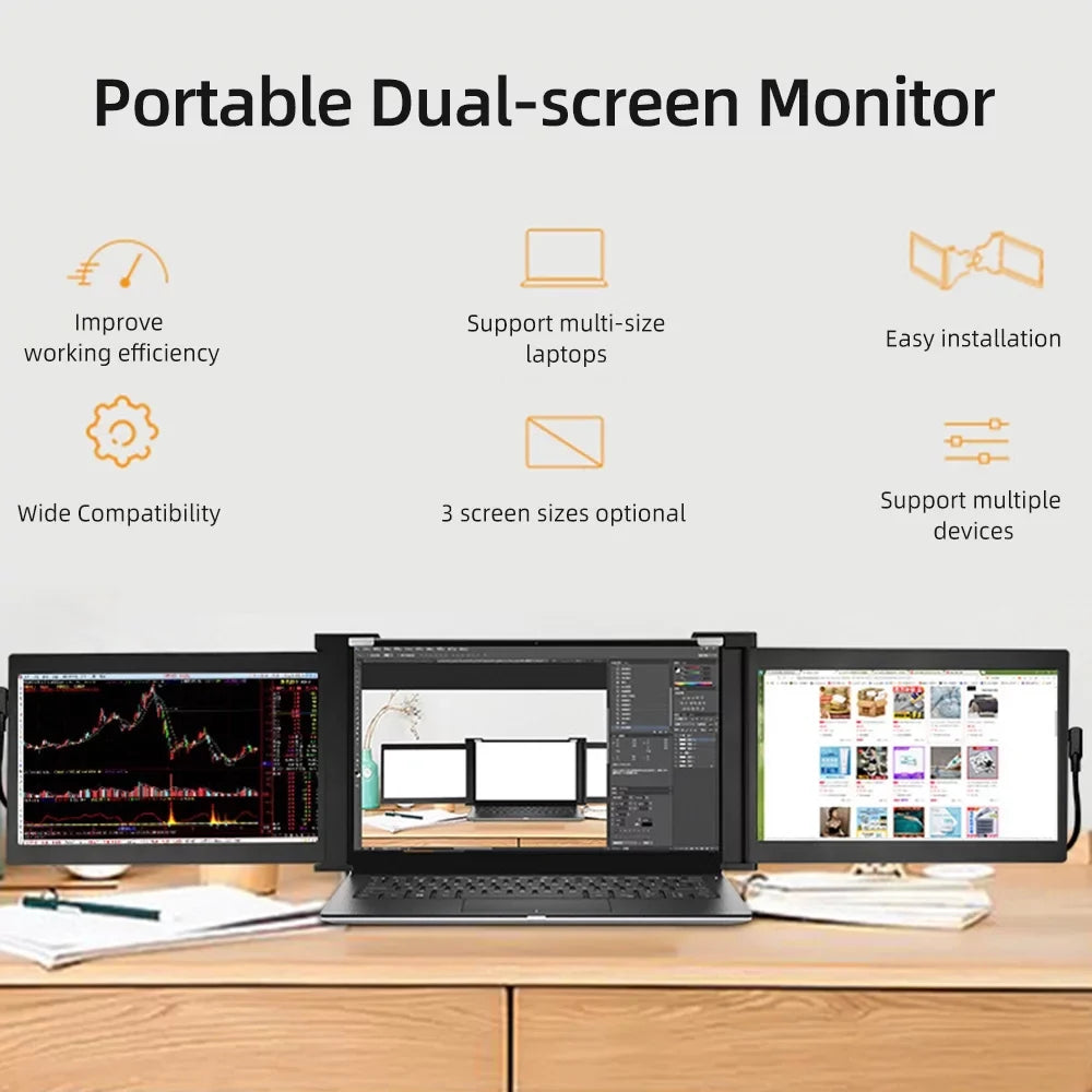 Anself 13.3 inch Portable Triple-screen Laptop Expansion Screen 1920*1080 Resolution Easy Installation for 13.3-16.5 inch Laptop