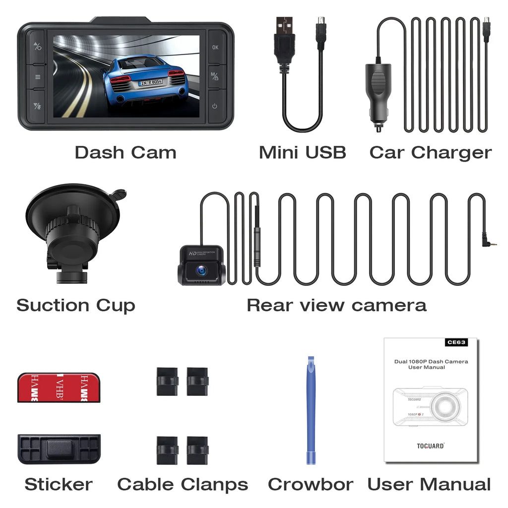 TOGUARD Dash Cam Dual 1080P FHD Front and Rear Dash Camera 3" IPS WDR GPS Car Camera Loop Recording G-Sensor Black