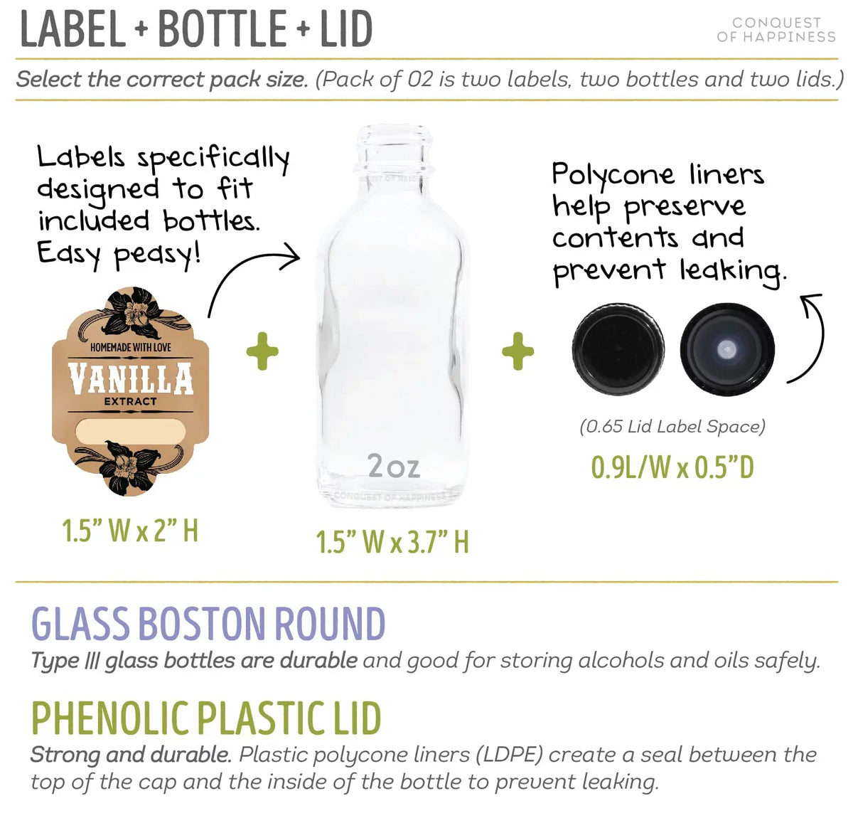 Homemade Vanilla Extract Labels with 2 oz Bottles - Write-In - Handmade by Conquest of Happiness | Pack of 08