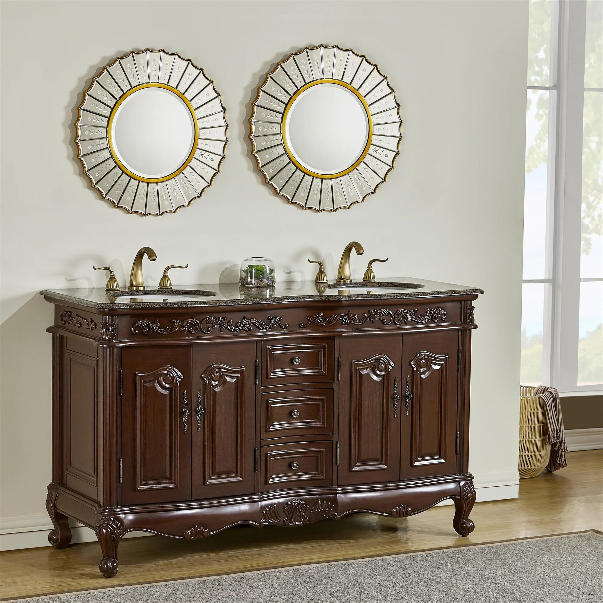 Stufurhome 60 inch Saturn Double Sink Vanity with Baltic Brown Granite Top