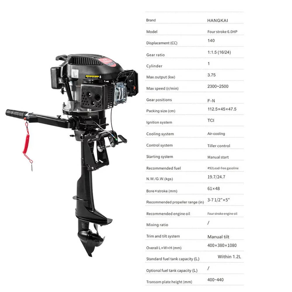 6 HP 4-Stroke Heavy Duty Outboard Motor Fishing Craft Engine Air Cooling System