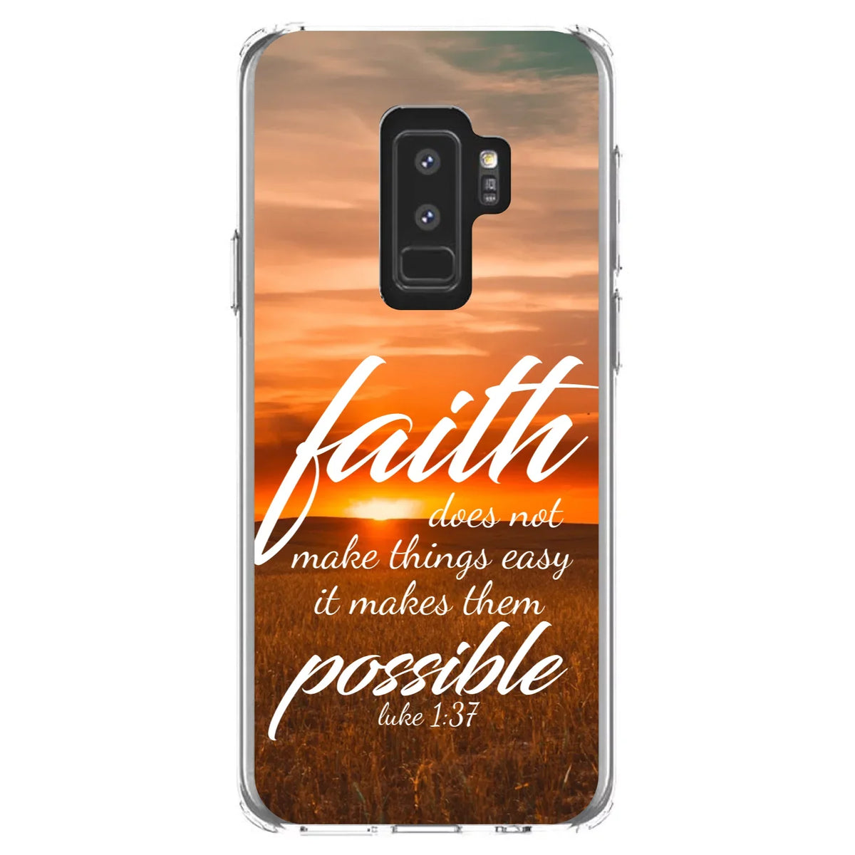 DistinctInk Clear Shockproof Hybrid Case for Samsung Galaxy S9+ PLUS (6.2" Screen) - TPU Bumper, Acrylic Back, Tempered Glass Screen Protector - Luke 1:37 - Faith Does Not Make Easy Makes Possible