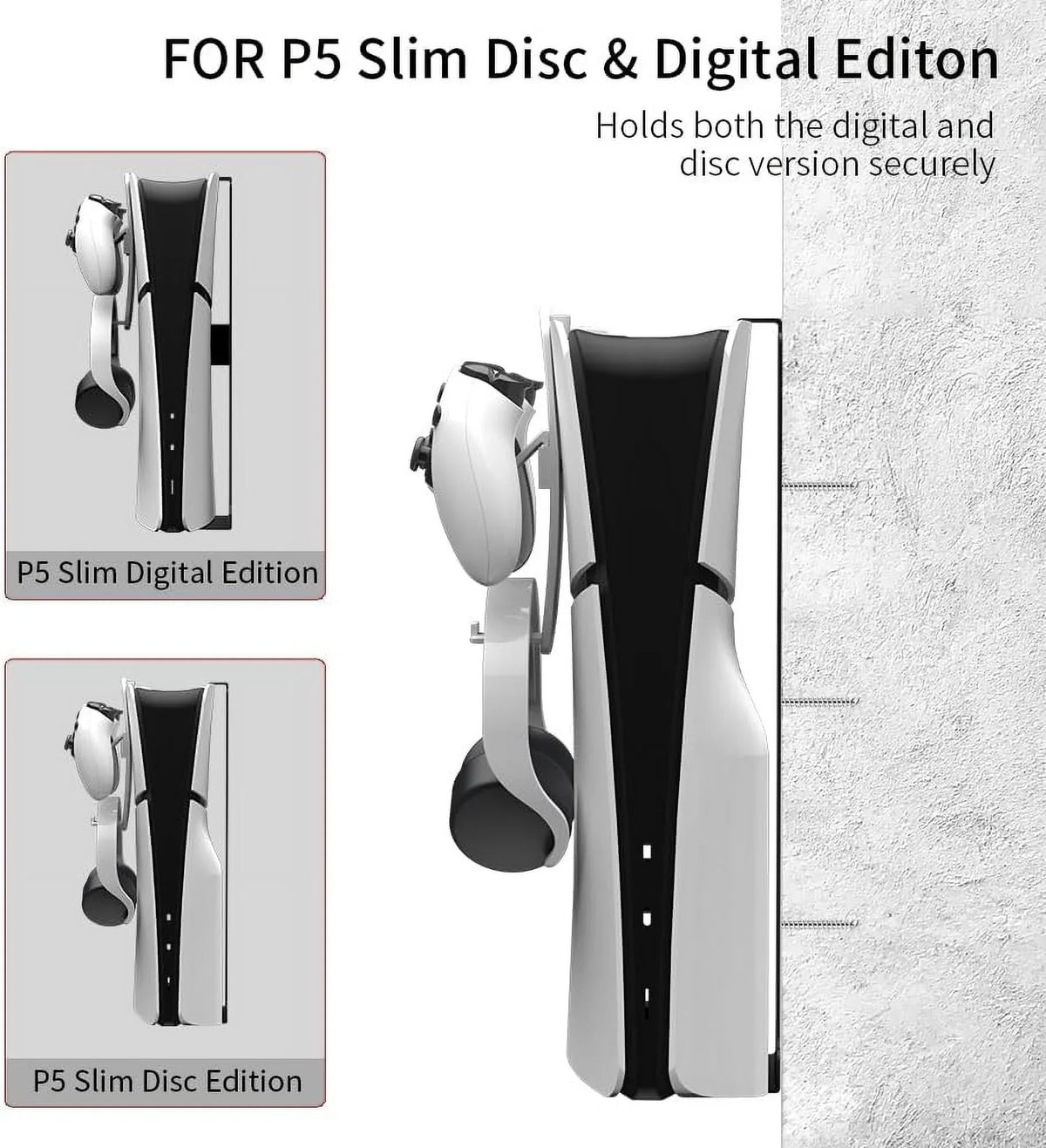 Uberwith Steel Wall Mount Bracket Fitting with PS5 Slim, Stable Metal Wall Hanging Stand for PS5 Slim with Controller Holder & Headphone Hanger,Black