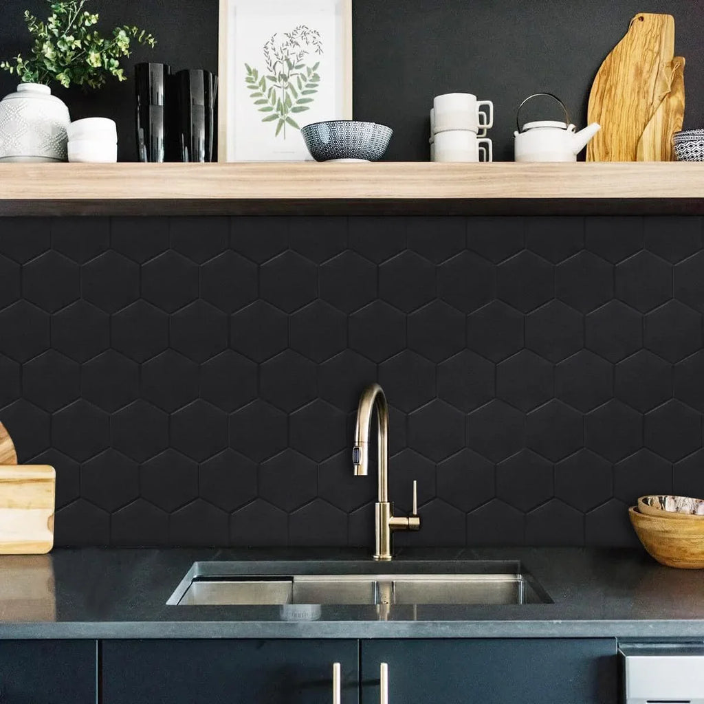 Real 3D Matte Black Self Adhesive PET Tiles Big Hexagon Peel and Stick Backsplash for Kitchen Bathroom(11.57''x10.35'',10-Sheet)